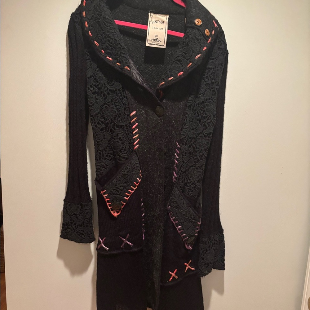 Vintage Black Knit Cardigan with Pink Accents